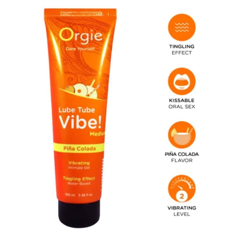 Tubo naranja de gel íntimo Orgie Lube Tube Vibe! Piña Colada junto a iconos de efecto hormigueo, sabor y nivel vibratorio