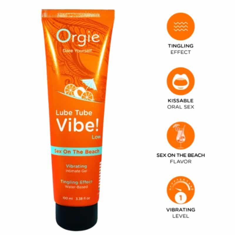 Tubo naranja de gel íntimo Orgie Lube Tube Vibe! Sex On The Beach y cuatro iconos con sus efectos