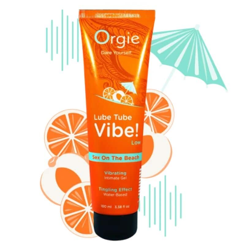 Tubo naranja de gel íntimo Orgie Lube Tube Vibe! Sex On The Beach, con ilustraciones de cítricos