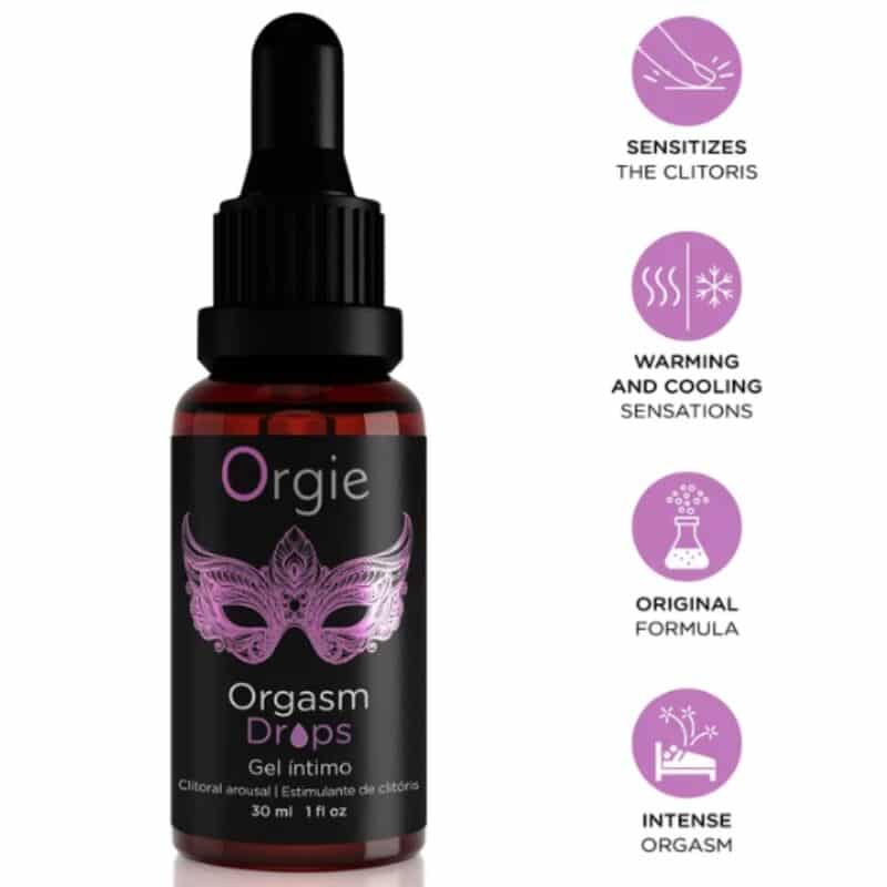 Frasco de Orgie Orgasm Drops con cuentagotas y cuatro iconos sobre sus sensaciones