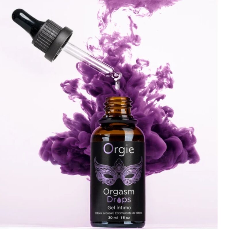 Frasco de Orgie Orgasm Drops con cuentagotas y humo morado de fondo