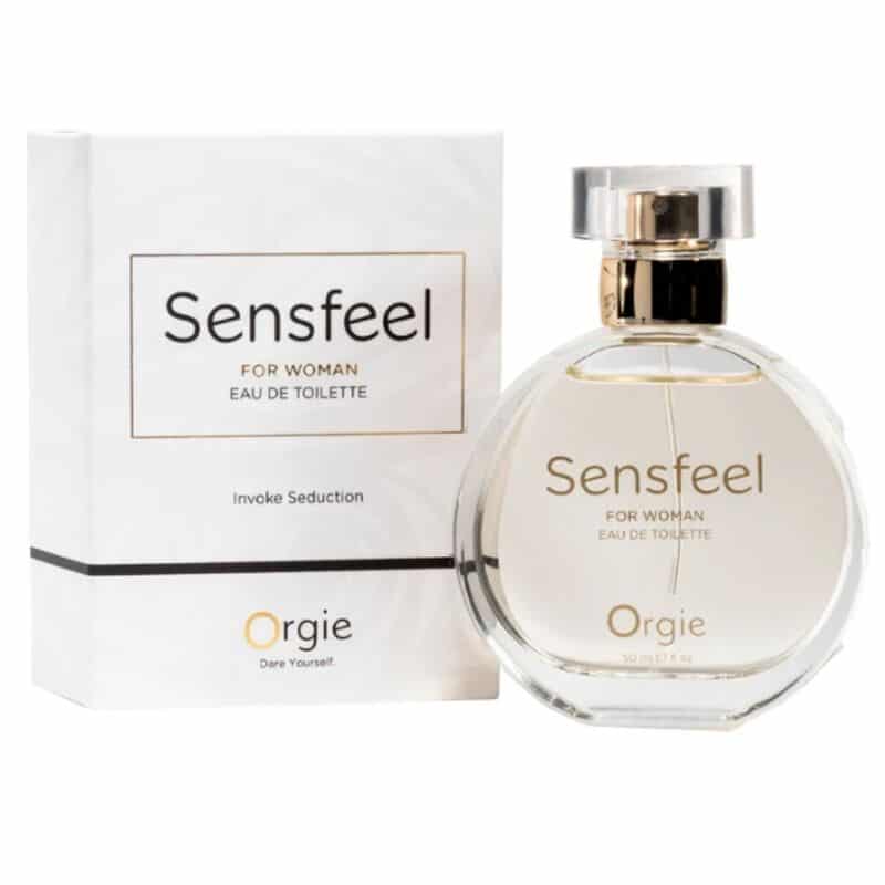 Frasco redondo de Sensfeel For Woman junto a su caja blanca de Orgie