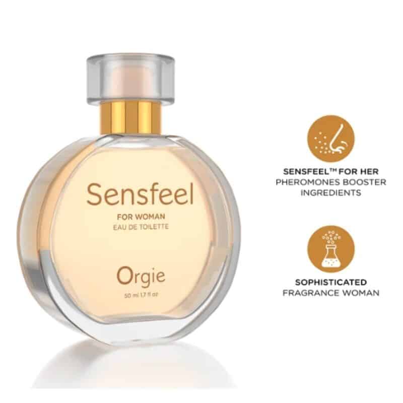 Frasco redondo de Sensfeel For Woman de Orgie, con tapón transparente y detalles dorados