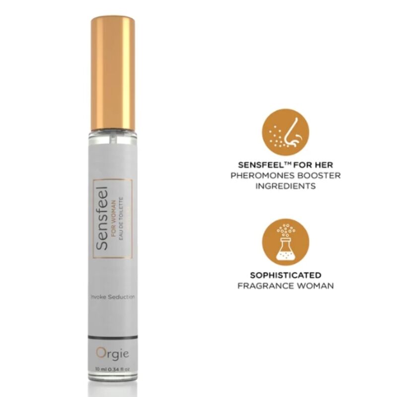 Frasco de perfume Sensfeel de ORGIE con tapón dorado y texto sobre feromonas y fragancia femenina