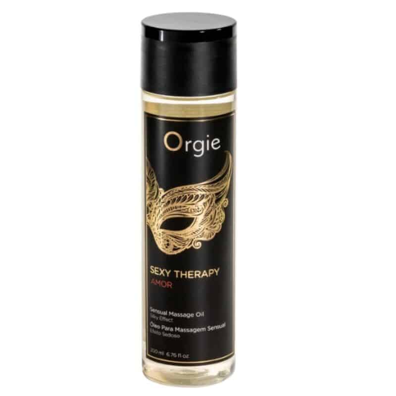 Envase negro y dorado de aceite de masaje Orgie Sexy Therapy Amor