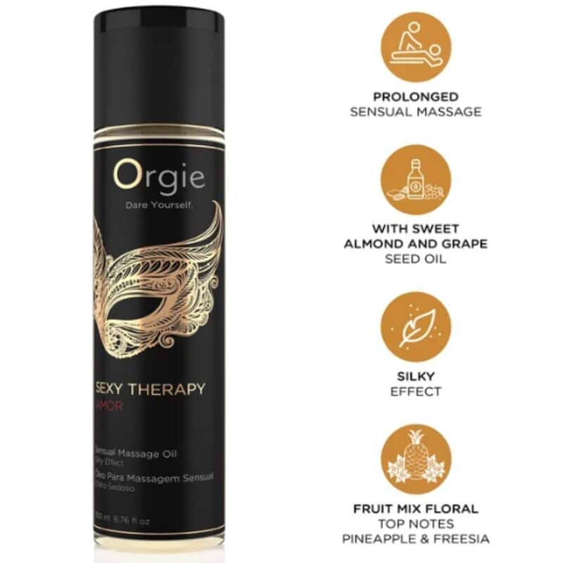 Envase negro de aceite de masaje Orgie Sexy Therapy Amor junto a iconos y textos sobre sus características
