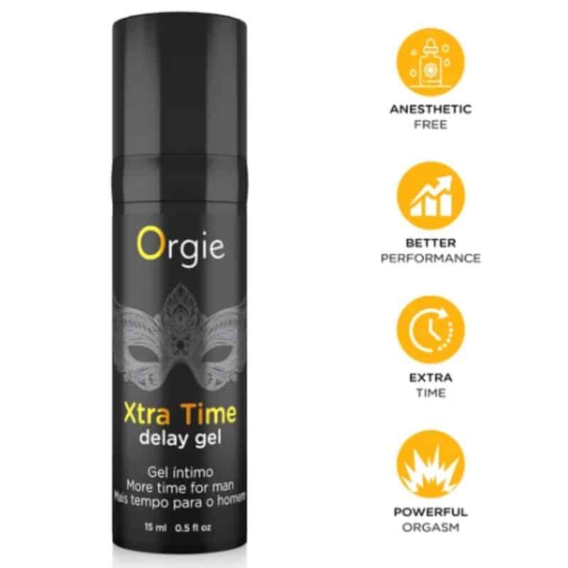 Envase negro de gel retardante Orgie Xtra Time, con antifaz gris y cuatro iconos amarillos