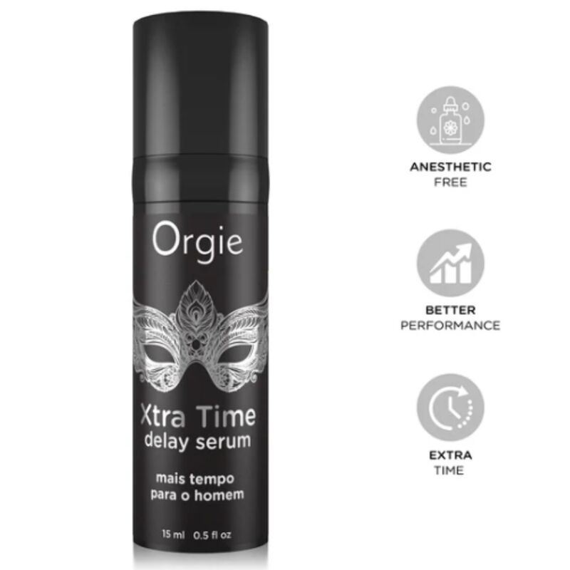 Envase negro del sérum retardante Orgie Xtra Time junto a iconos de uso sin anestésicos, mejor rendimiento y tiempo extra