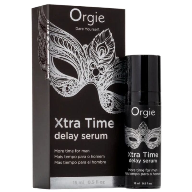 Sérum retardante Orgie Xtra Time con envase negro y caja decorada con una máscara