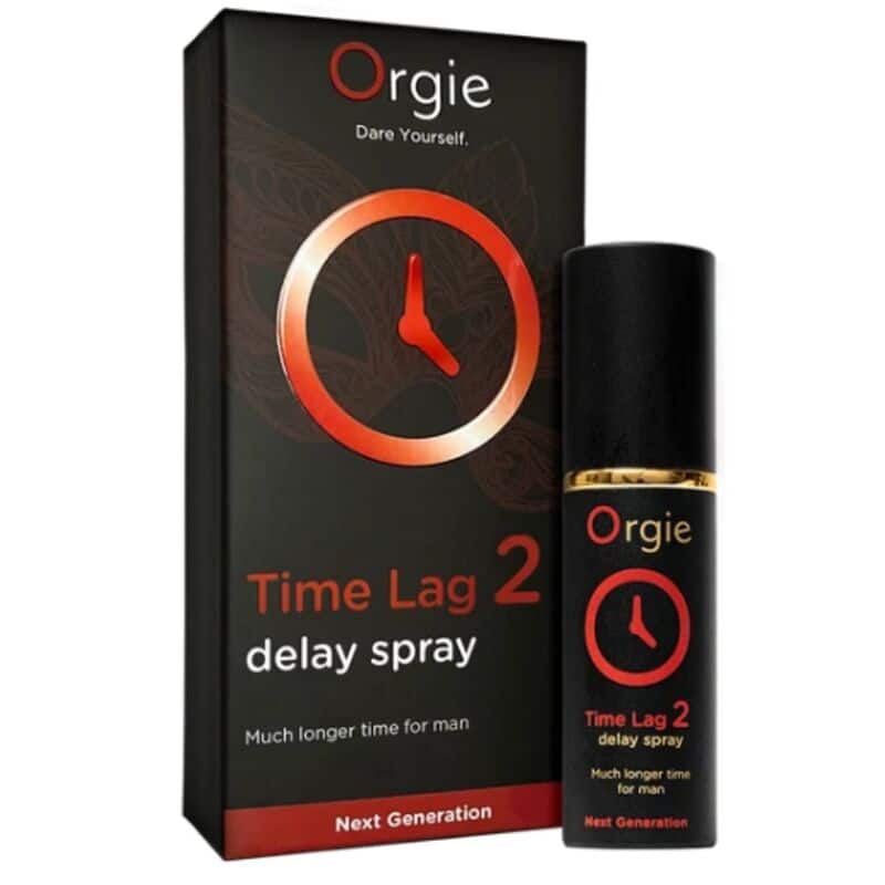 Spray retardante Orgie Time Lag 2 junto a su caja negra con detalles rojos