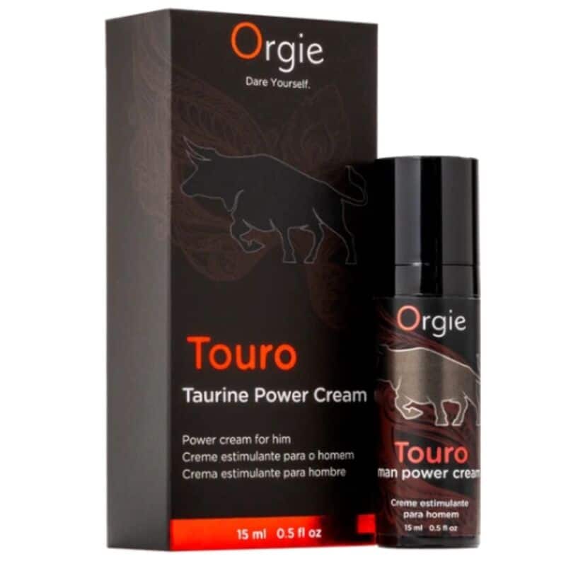 Envase y frasco de crema estimulante Orgie Touro, con diseño negro y detalles rojos