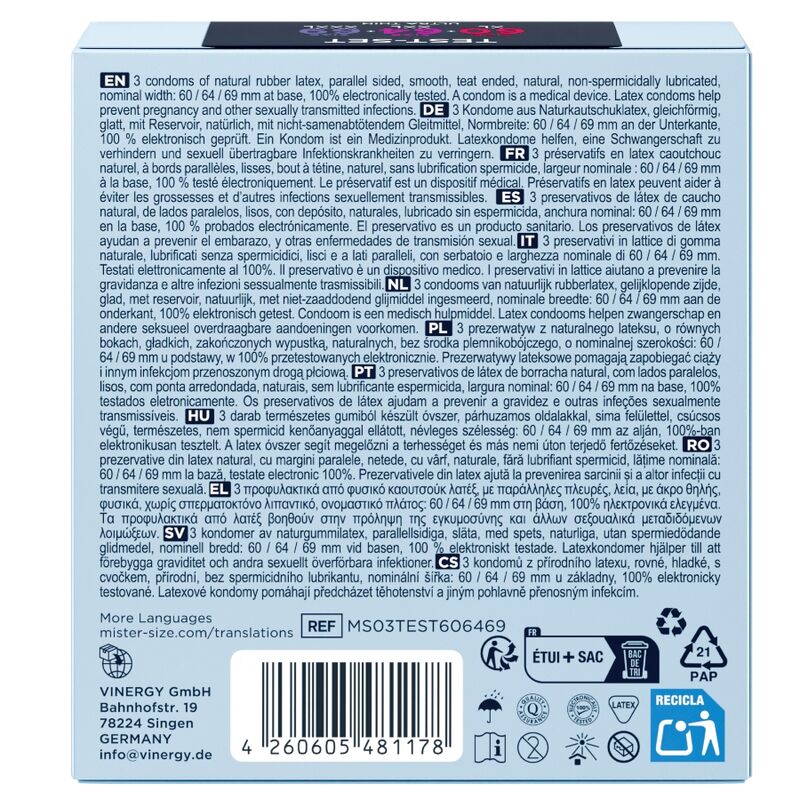 MISTER SIZE - PACK MUESTRA PRESERVATIVOS TALLA 60-64-69 MM (3 UNIDADES)