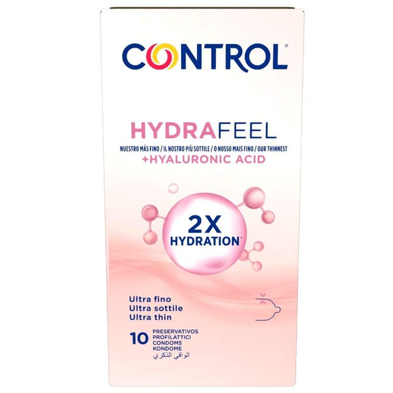 Caja de preservativos Control Hydrafeel ultrafinos con ácido hialurónico; indica 10 unidades y 2X hidratación