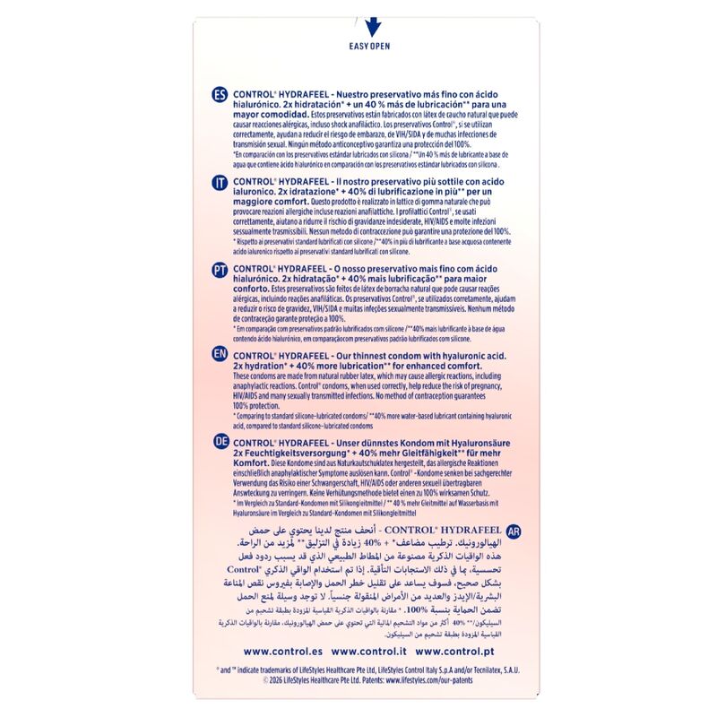 Reverso del envase CONTROL Hydrafeel, con información del preservativo en varios idiomas