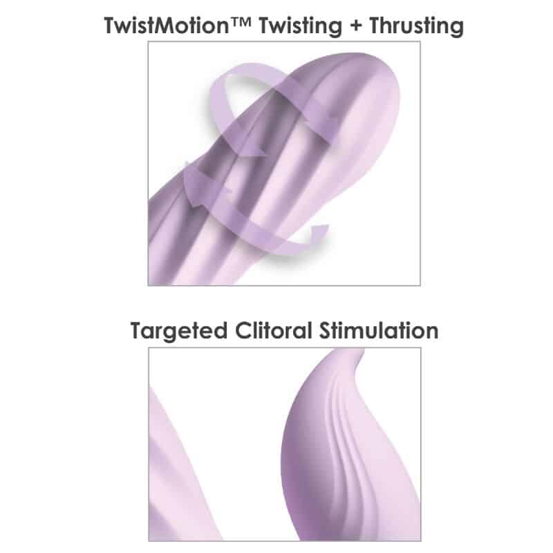 Fantasy Twist morado con gráficos de giro, empuje y estimulación dirigida del clítoris