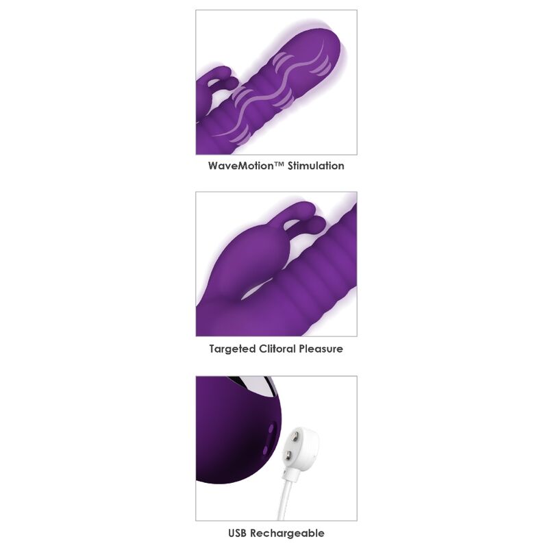 Tres detalles del vibrador morado Fantasy Wave: estimulación WaveMotion, estimulación del clítoris y carga USB