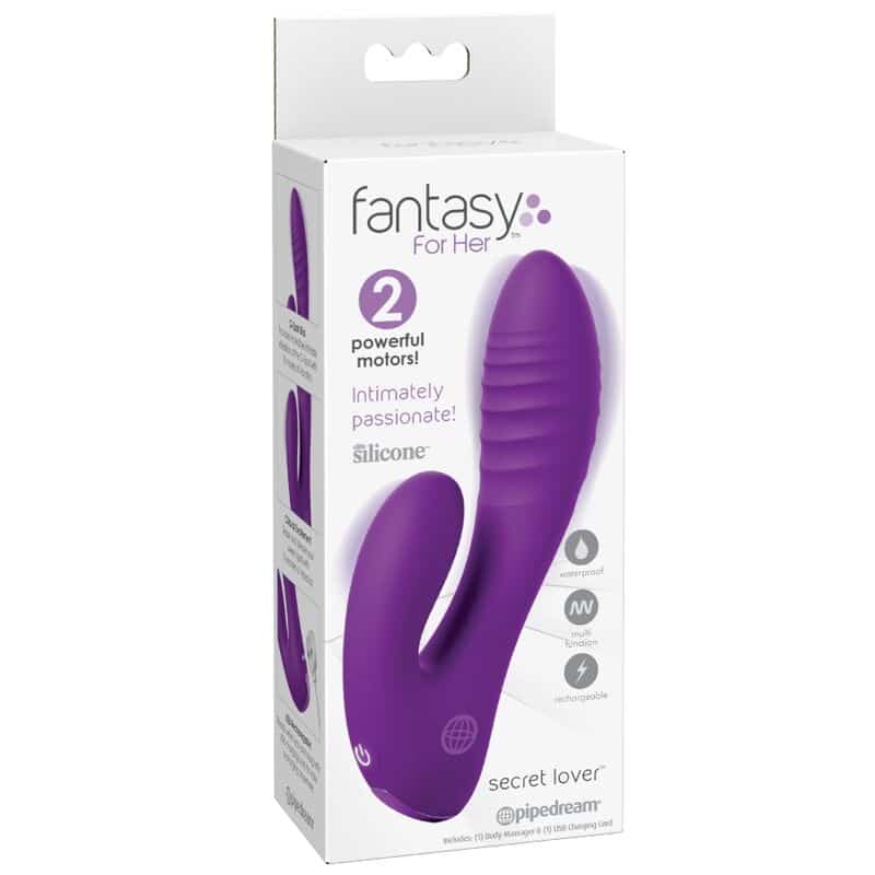 Vibrador doble morado Fantasy For Her junto a su caja blanca, con dos extremos de estimulación curvados