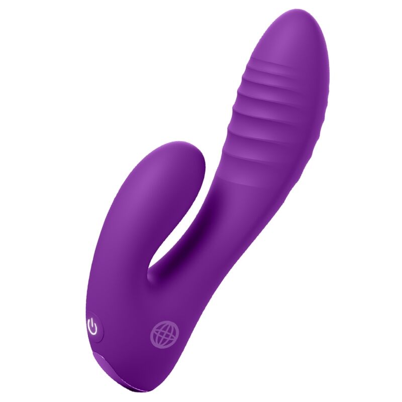 Vibrador doble morado Fantasy For Her, con un brazo curvado y otro estriado