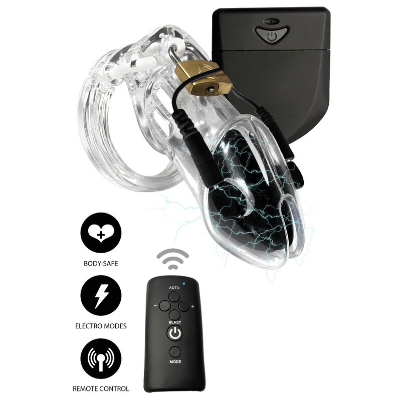 Jaula de castidad transparente HIDDEN DESIRE con módulo de electroestimulación y mando a distancia