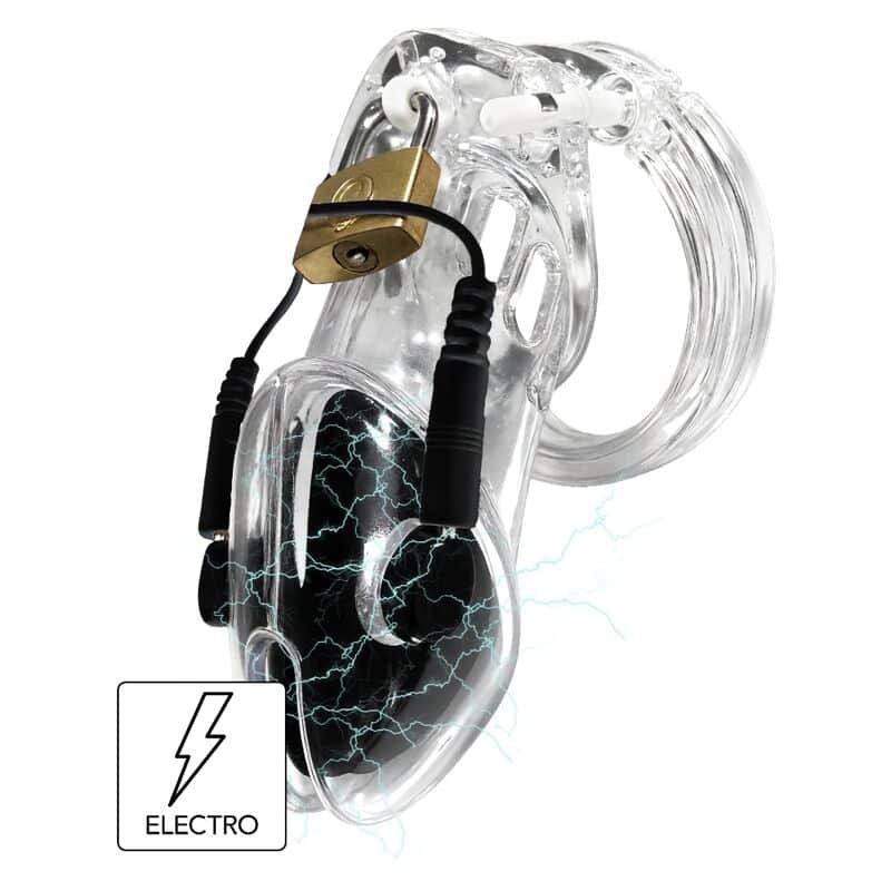 Jaula de castidad transparente HIDDEN DESIRE con cableado y símbolo de electroestimulación