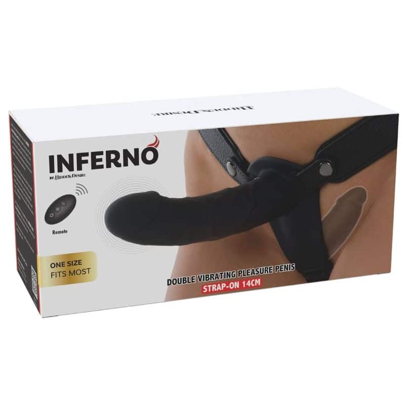 Caja del arnés vibrador doble Inferno de HIDDEN DESIRE, con mando y correa negra