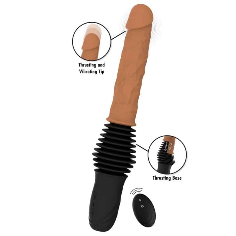 Vibrador Inferno de HIDDEN DESIRE con cuerpo color piel, base negra y mando; se señalan la punta vibratoria y la base de